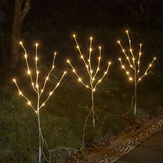 Eambrite decorative branch lights illuminate white birch branch stakes with 60 LED lights for outdoor and indoor decor for Christmas, Easter, Halloween, and parties.