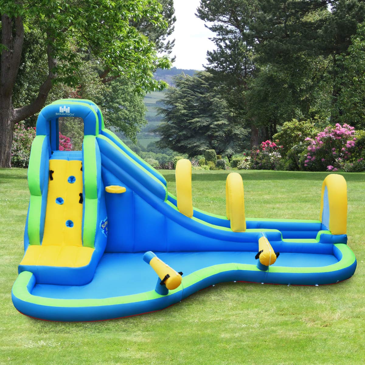 COSTWAY Inflatable Bounce House Water Slide Play Pool, Water Play Center with Slide, Inflatable Water Park, Splash Pool 478x366x242cm (Bounce House Only)