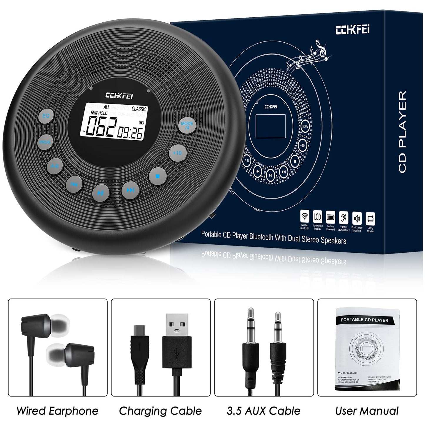 Portable CD Player Bluetooth with speakers, rechargeable 1400mAh portable CD player with shockproof/anti-skip protection, headphones and AUX cable, for car, home & travel.