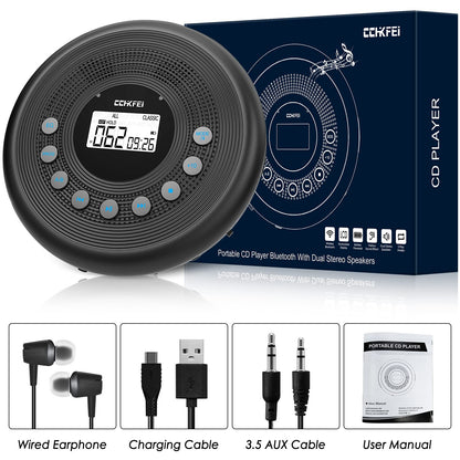 Portable CD Player Bluetooth with speakers, rechargeable 1400mAh portable CD player with shockproof/anti-skip protection, headphones and AUX cable, for car, home & travel.
