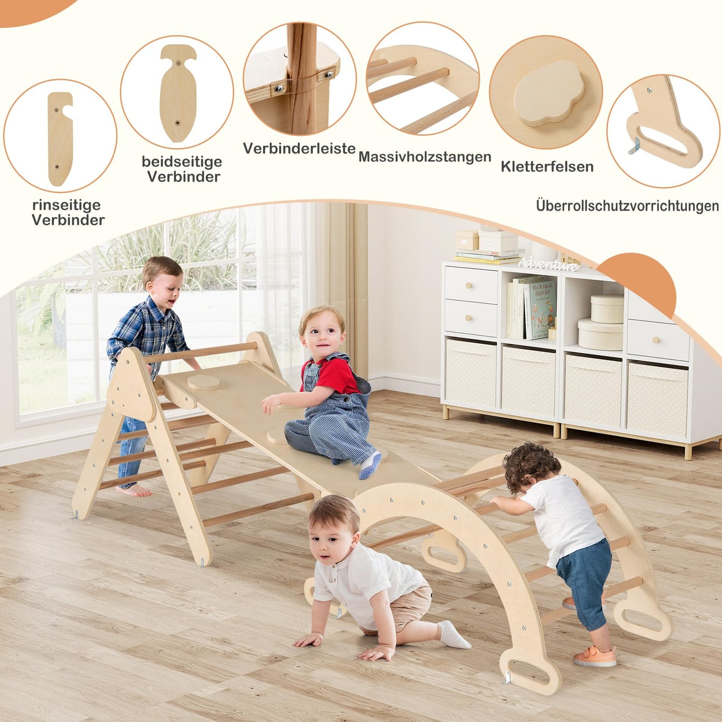 GOPLUS Climbing Frame Indoor, 4 in 1 Climbing Triangle & Climbing Arch & Ladder & Slide, Rung Triangle Playground for Climbing, Sliding and Rocking, for Toddlers from 1 year old (Natural)