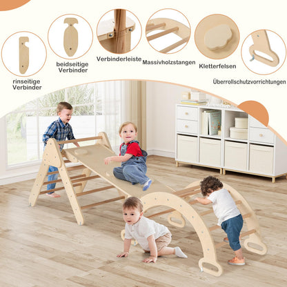 GOPLUS Climbing Frame Indoor, 4 in 1 Climbing Triangle & Climbing Arch & Ladder & Slide, Rung Triangle Playground for Climbing, Sliding and Rocking, for Toddlers from 1 year old (Natural)