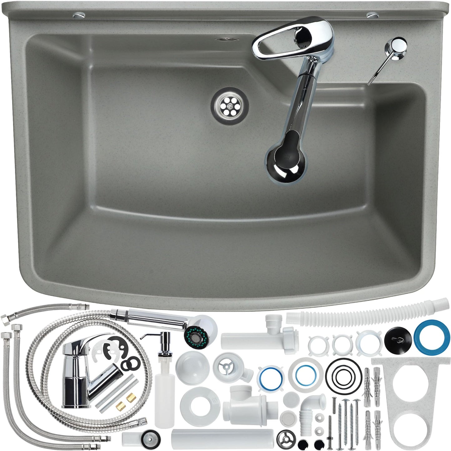 GOSPO drain basin with extendable faucet, sink 61 x 44 x 23.5 cm, washbasin with soap dispenser, siphon, sink including accessories, washroom, industrial washbasin (gray)