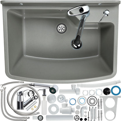 GOSPO drain basin with extendable faucet, sink 61 x 44 x 23.5 cm, washbasin with soap dispenser, siphon, sink including accessories, washroom, industrial washbasin (gray)