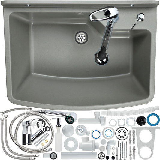 GOSPO drain basin with extendable faucet, sink 61 x 44 x 23.5 cm, washbasin with soap dispenser, siphon, sink including accessories, washroom, industrial washbasin (gray)