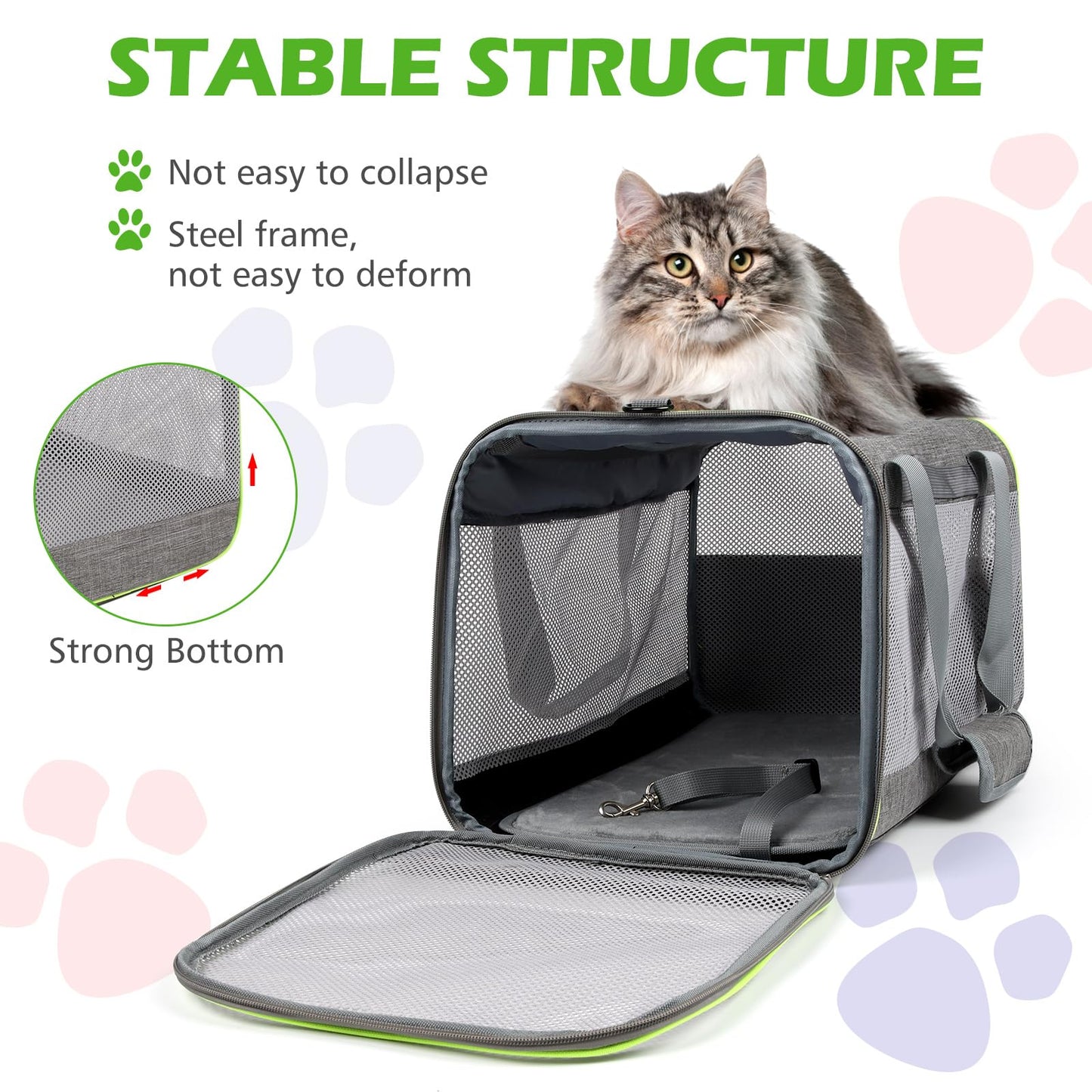 Lannvan pet carrier for cats and dogs up to 6.5kg. Breathable and foldable, with removable plush pad. Ideal for camping, traveling, or visiting the vet. Dimensions: 45x30x30cm, in grey color.