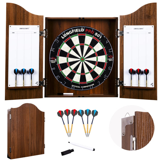 Engelhart wooden dart cabinet, sisal dartboard, includes 6 darts 18gr and accessories (chestnut)