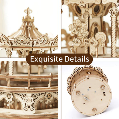 Robotime 3D Puzzle Wooden Carousel, laser-cut model kit for adults, DIY gift for Christmas & birthday gift.