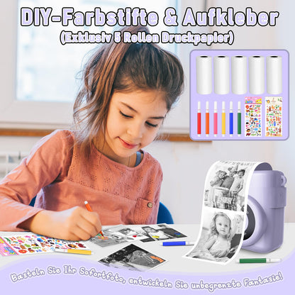 MILFECH Kids Camera Instant Camera, 1080P 2.4 Inch Screen Digital Camera for Kids with 5 Rolls Print Paper, 32GB Card, Photo Camera with 6 Colored Pens, 2 Sticker Gifts for Kids (Purple)