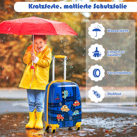 GOPLUS kids suitcase with backpack, kids trolley, children's luggage with wheels, travel suitcase with telescopic handle, hard shell suitcase for kids, children's trolley choice of colors (cartoon car, 12"+18")