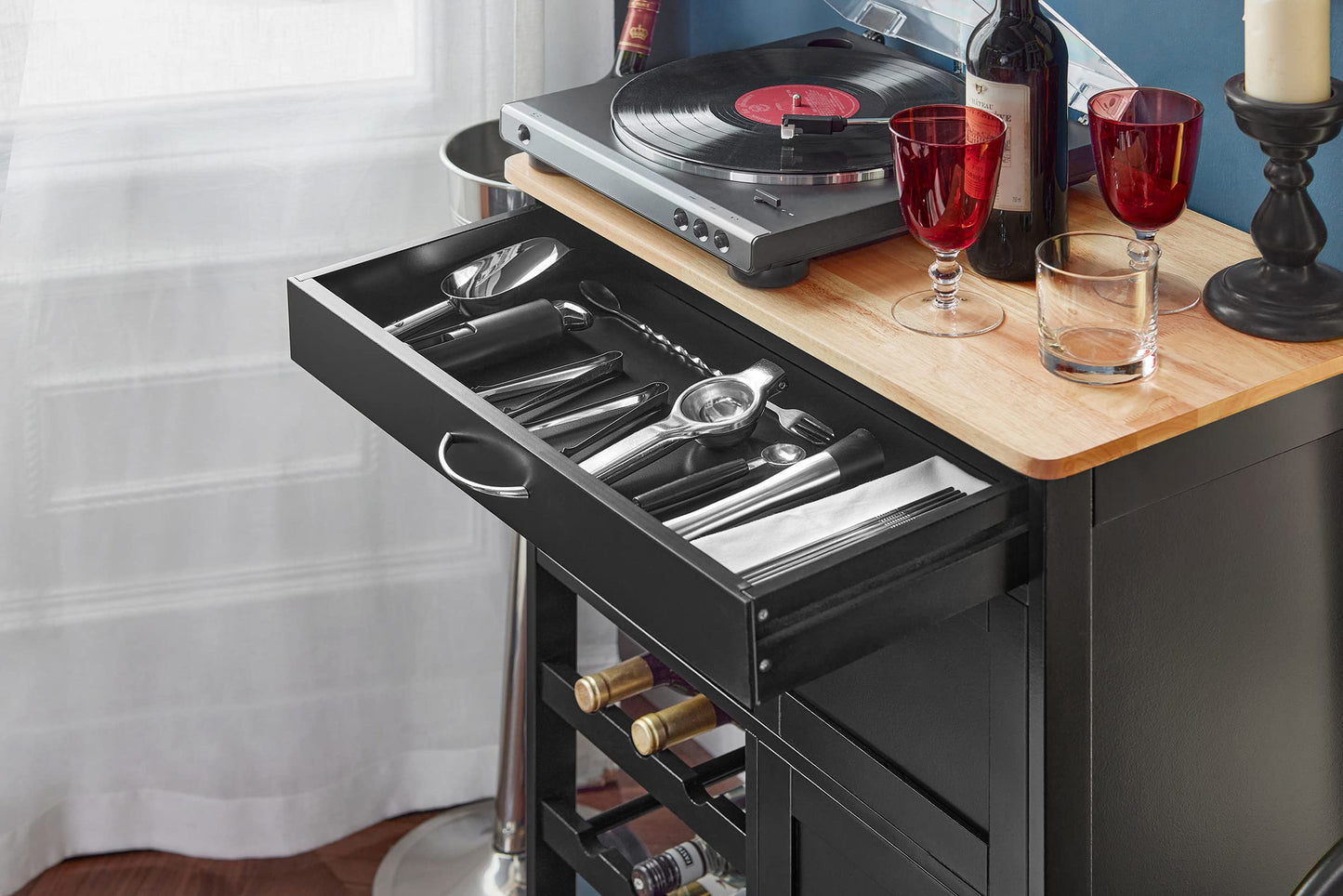 SoBuy kitchen trolley with wheels, kitchen cart with worktop, rolling cart with drawers, wine rack, kitchen island, standing kitchen shelf furniture for kitchen, dining room, and outdoor. Black 67x86x38cm FKW45-SCH.
