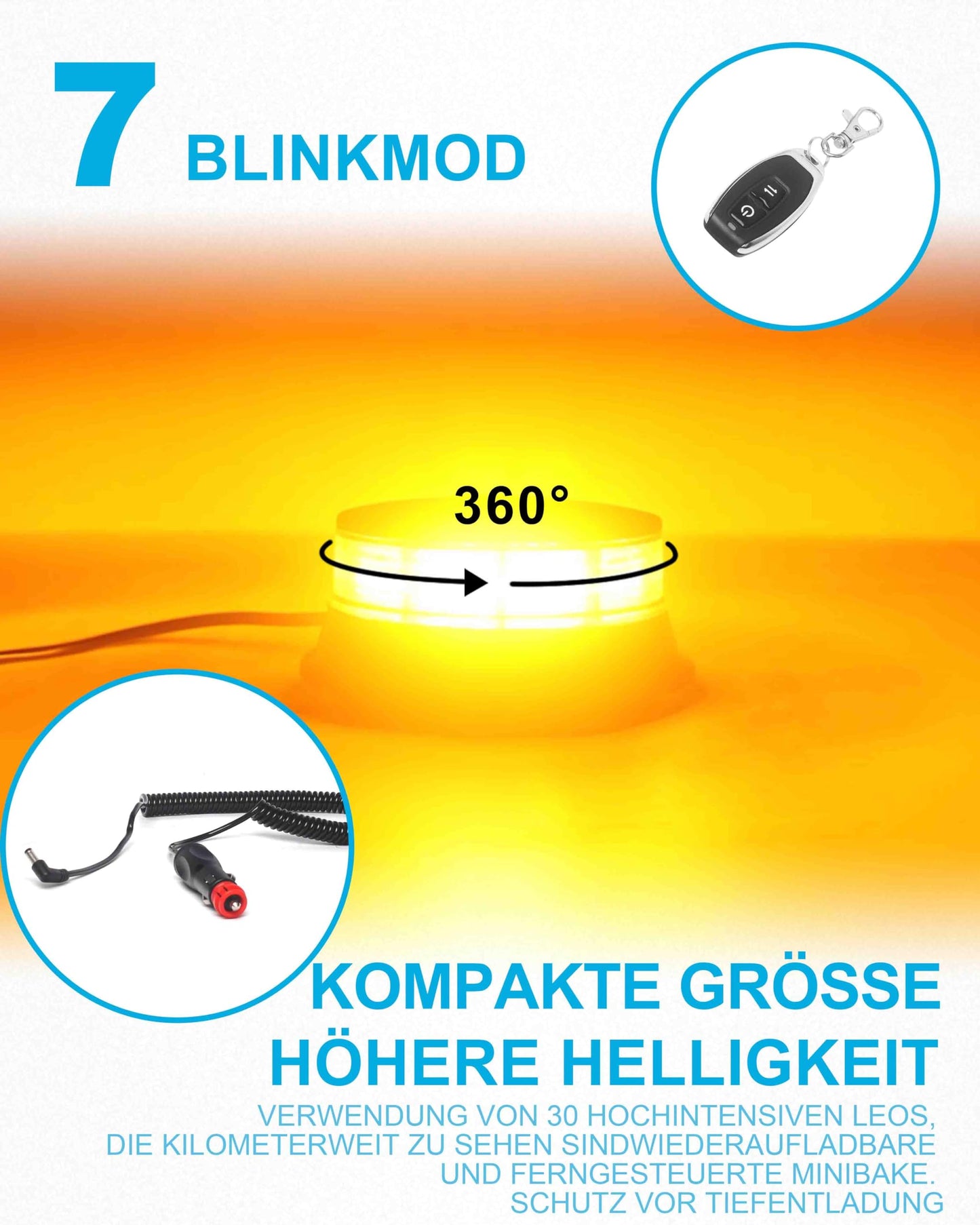 Agrieyes LED beacon light with remote control, 12V Yellow warning light car magnet with suction cup, LED battery warning light for tractor, Cordless beacon light for tractor vehicle truck