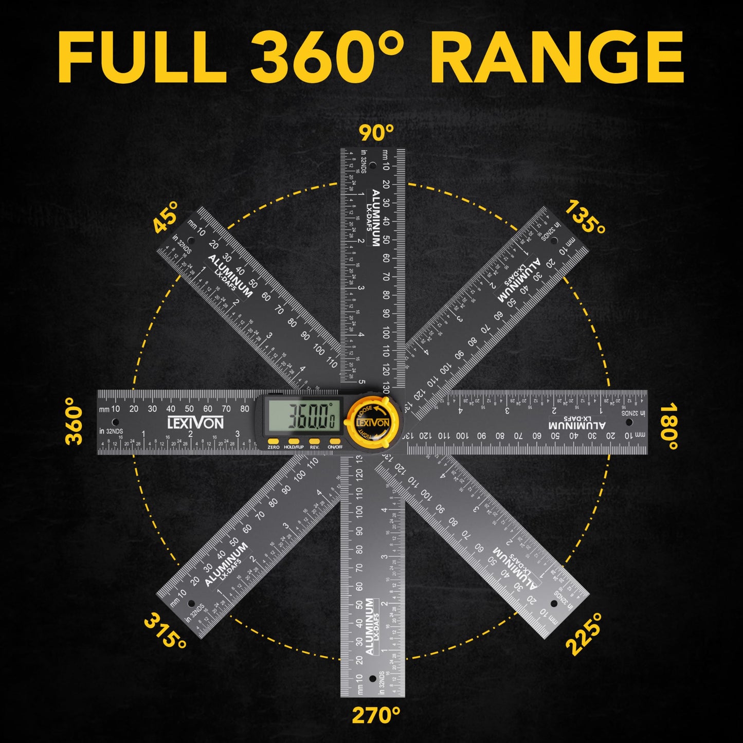 LEXIVON Digital Protractor made of aluminum, 130mm, Digital Angle Finder Multi-Purpose Angle Measuring Tool, includes XL display and durable zippered pouch (LX-DAF5)