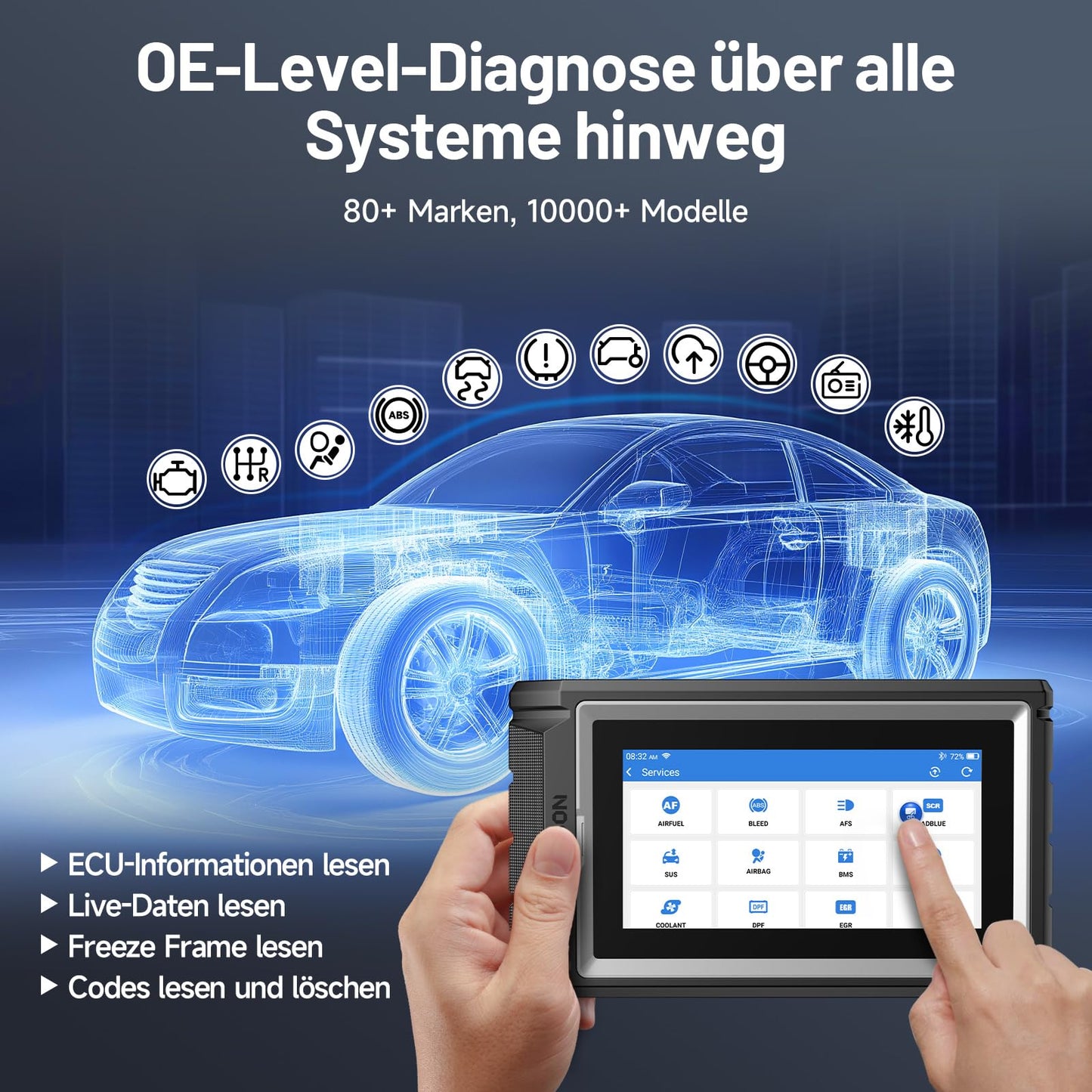 TOPDON ArtiDiag800 BT 2 OBD2 diagnostic tool, features 28+ maintenance functions, FCA gateway access & CAN-FD protocol, active test, wireless Bluetooth, and 2 years of free updates.