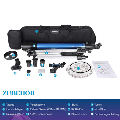 Aomekie Telescope Astronomy, 234X Refractor Telescope for kids beginners with 10X Smartphone Adapter Extendable tripod Bag Moon filter and Erect Image Finder Scope