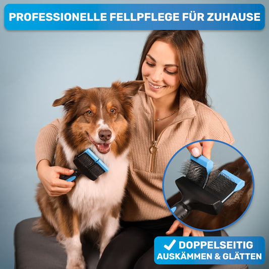 BluePet Grooming Tool Pro Professional Dog Brush Long Hair, Flexible De-shedding Brush for Dogs & Cats I Gently Removes Undercoat, Tangles & Knots (Double Head Blue)
