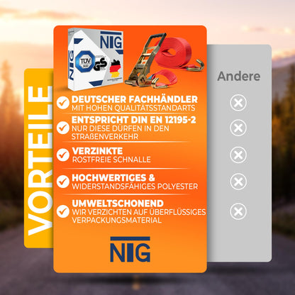 2 pieces of 5000kg 10m ratchet straps with ergo ratchet and hook, 2-part lashing strap for trucks, 50mm TÜV/GS approved.
