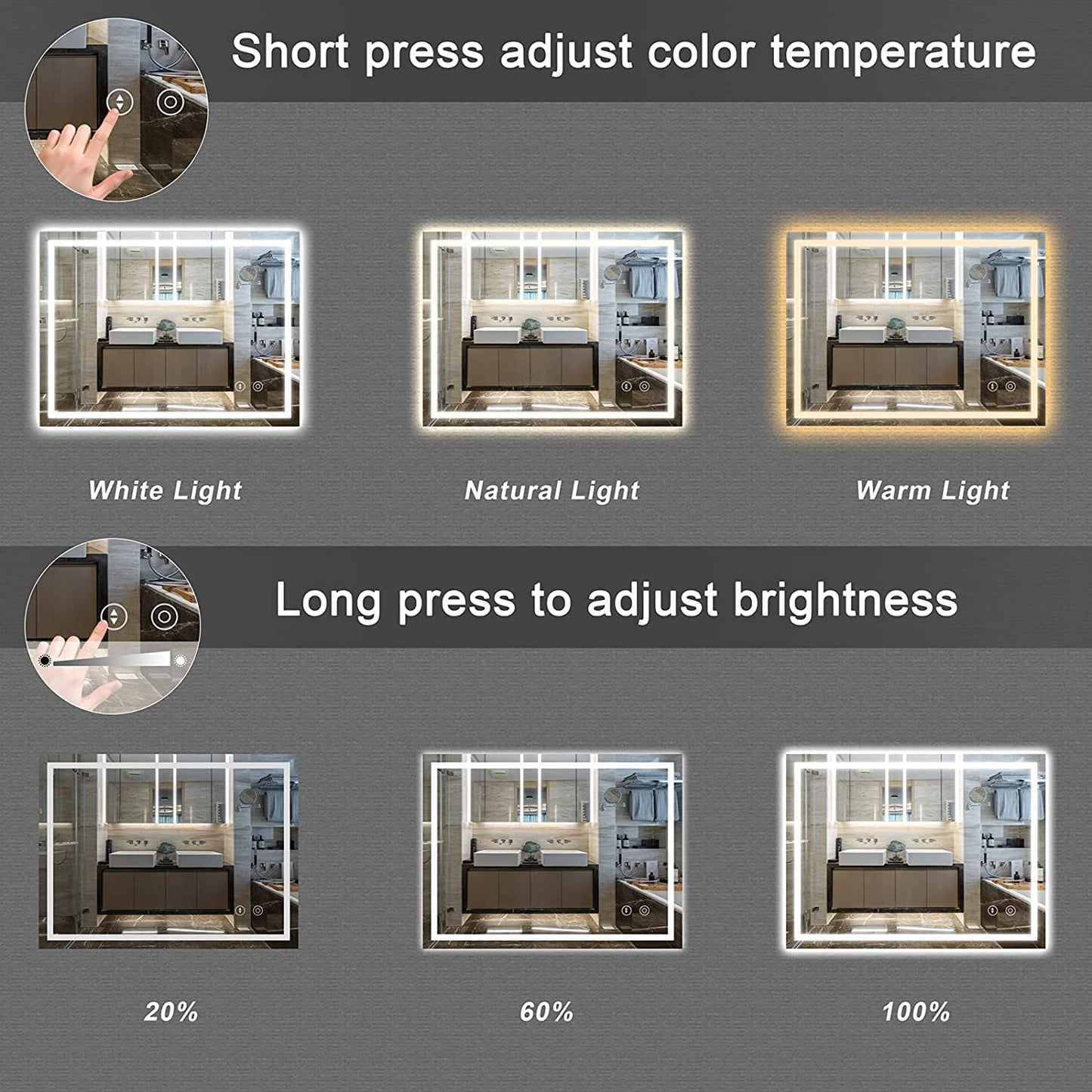 Dripex bathroom mirror with LED lighting, touch switch, dimmable, 3 adjustable light colors. Fog-free 60 x 80 cm illuminated bathroom mirror.