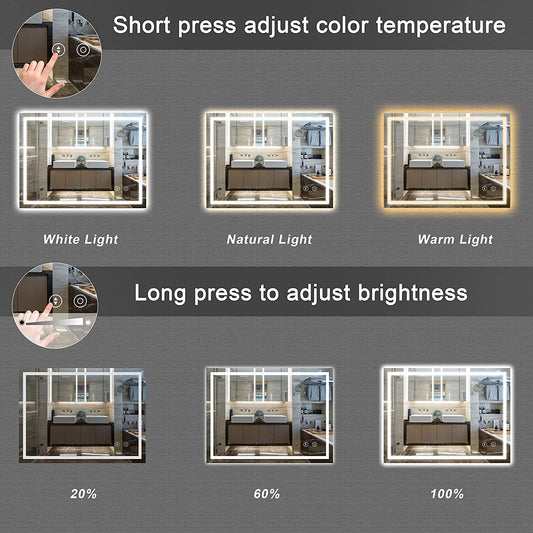Dripex bathroom mirror with LED lighting, touch switch, dimmable, 3 adjustable light colors. Fog-free 60 x 80 cm illuminated bathroom mirror.