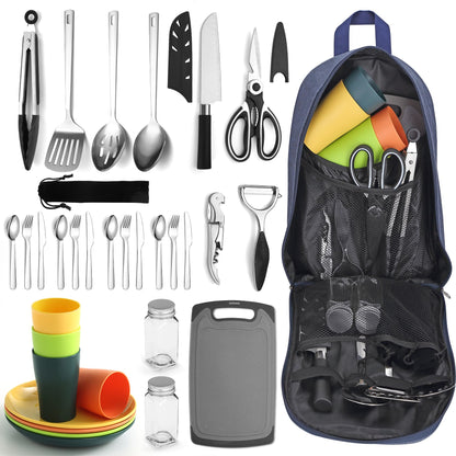 Mountain Country Camping Essentials, camping cookware set, camping gear equipment must-haves, come with camping cutlery sets, plates, and cups, perfect for outdoor cooking, picnic, grilling.
