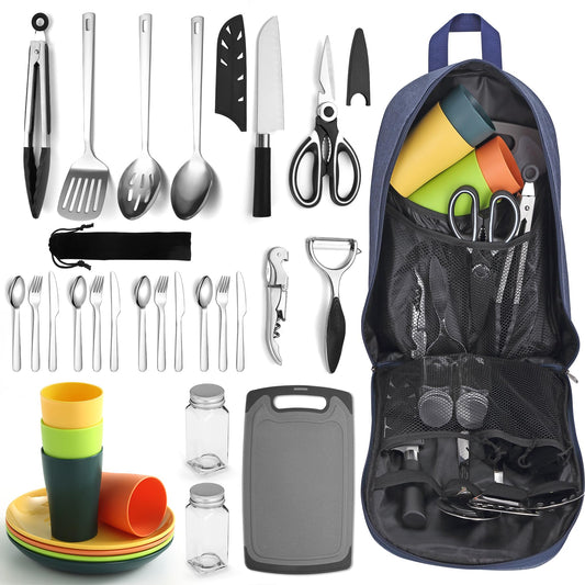 Mountain Country Camping Essentials, camping cookware set, camping gear equipment must-haves, come with camping cutlery sets, plates, and cups, perfect for outdoor cooking, picnic, grilling.