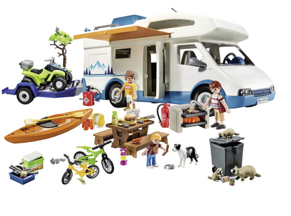 PLAYMOBIL 9318 Fun Camping Set for the whole family with removable roof, trailer hitch, and pull-out awning, for ages 4 and up.