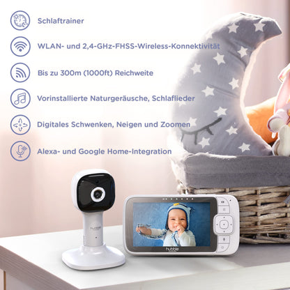 Hubble Connected Nursery Pal SkyView Baby Monitor comes with Camera, 5" Screen, Cot Mount, 7 Colour Night Light, Infrared Night Vision, Two-Way Call, Room Temperature Sensor, and smartphone app.