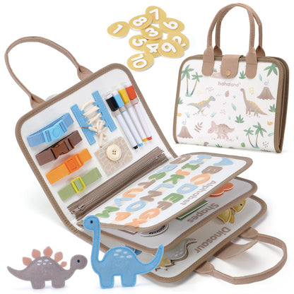 Hahaland Busy Board - Dinosaur Theme with drawings, Montessori toy activity board, motor skills & sensory learning toy Quiet Book, busy book for travel car rides plane, boys girls gift