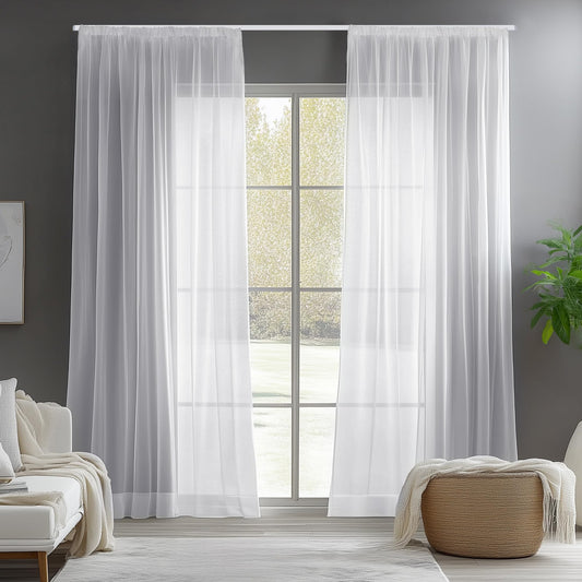 Deconovo sheer curtains with pencil pleat for curtain track in living room bedroom, 229x140 cm (HxW), white, set of 2