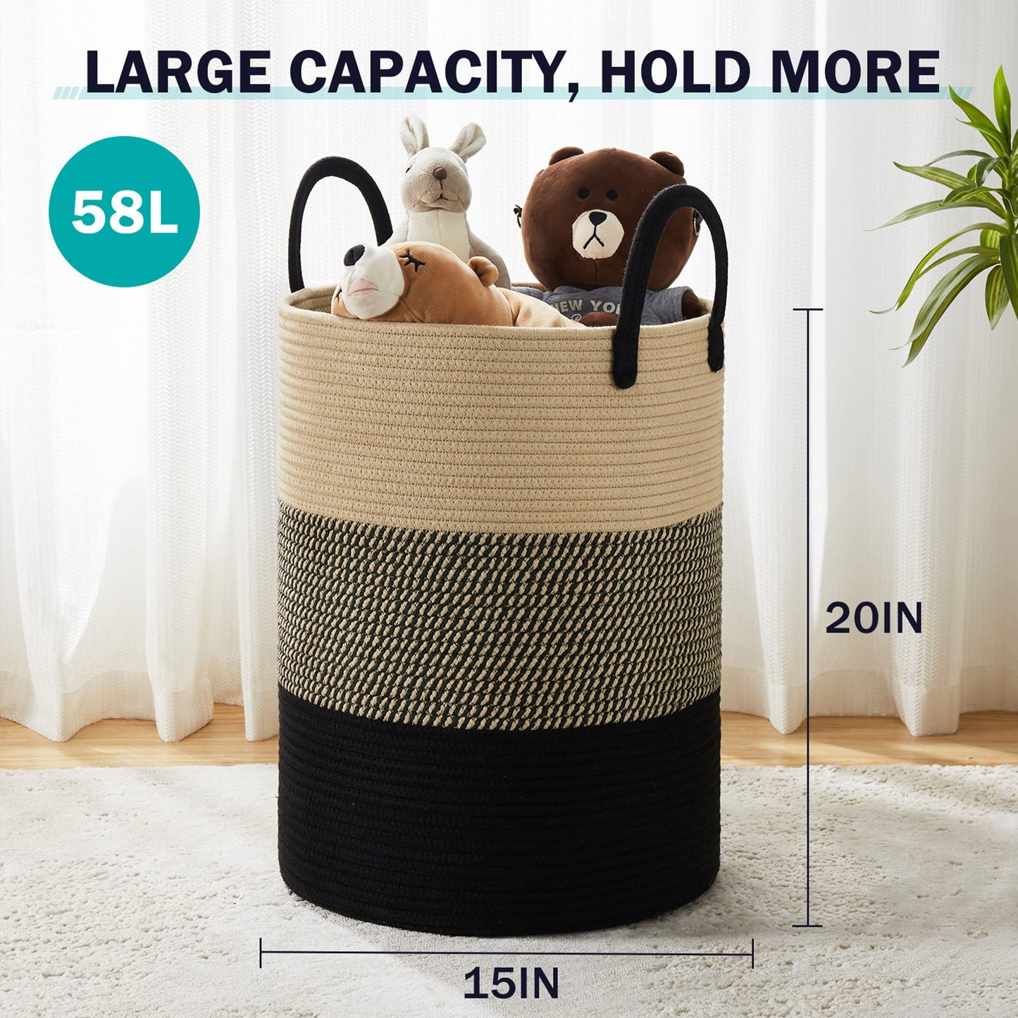 YOUDENOVA Woven Laundry Basket Toy Storage Basket with Handle Handmade from Cotton Z-Brown Black