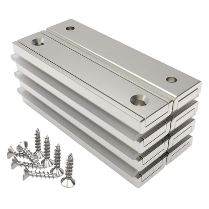 Magnetpro 8pcs Rectangle Magnets 30KG Force 60x13.5x5mm with Hole and Steel Cap, Home and Industrial Pot Magnet with Screws