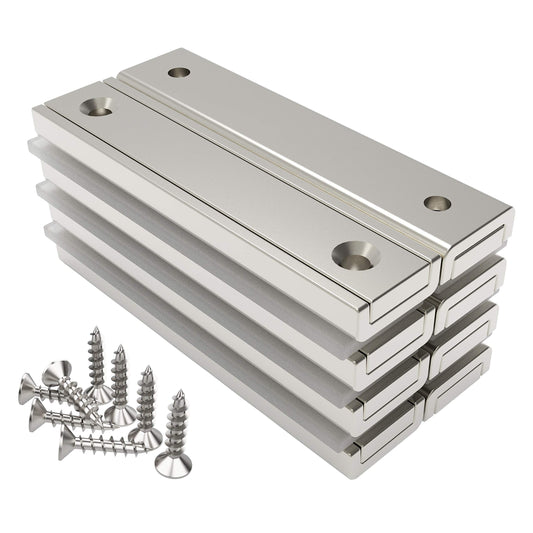 Magnetpro 8pcs Rectangle Magnets 30KG Force 60x13.5x5mm with Hole and Steel Cap, Home and Industrial Pot Magnet with Screws