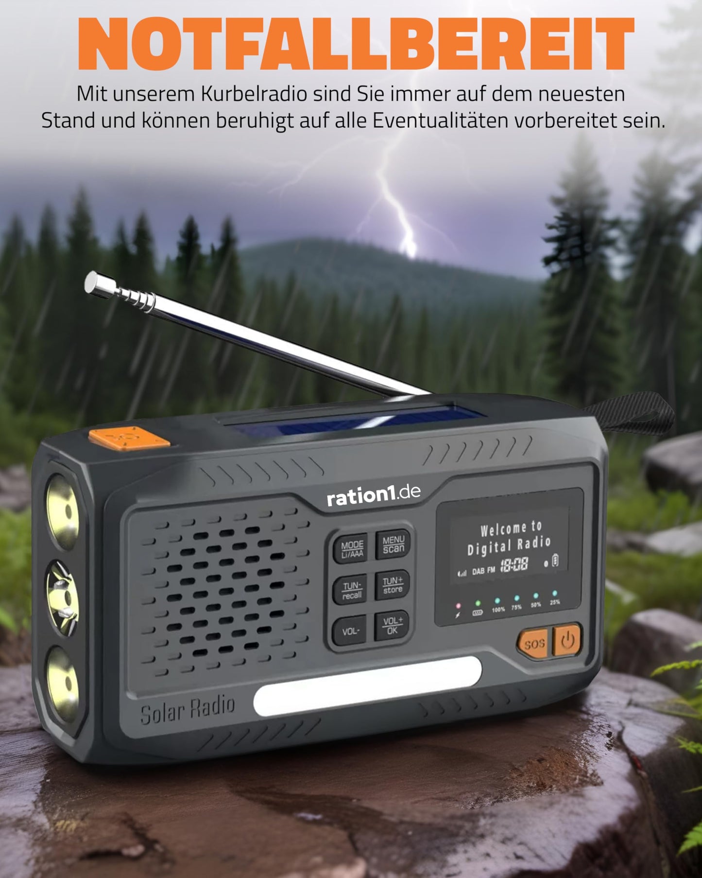 Ration1 crank radio DAB+, portable solar radio with LED flashlight, 2000mAh power bank, hand crank, SOS function, Bluetooth, USB-C, for camping and emergency situations.