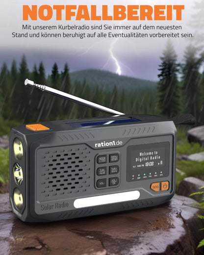 Ration1 crank radio DAB+, portable solar radio with LED flashlight, 2000mAh power bank, hand crank, SOS function, Bluetooth, USB-C, for camping and emergency situations.