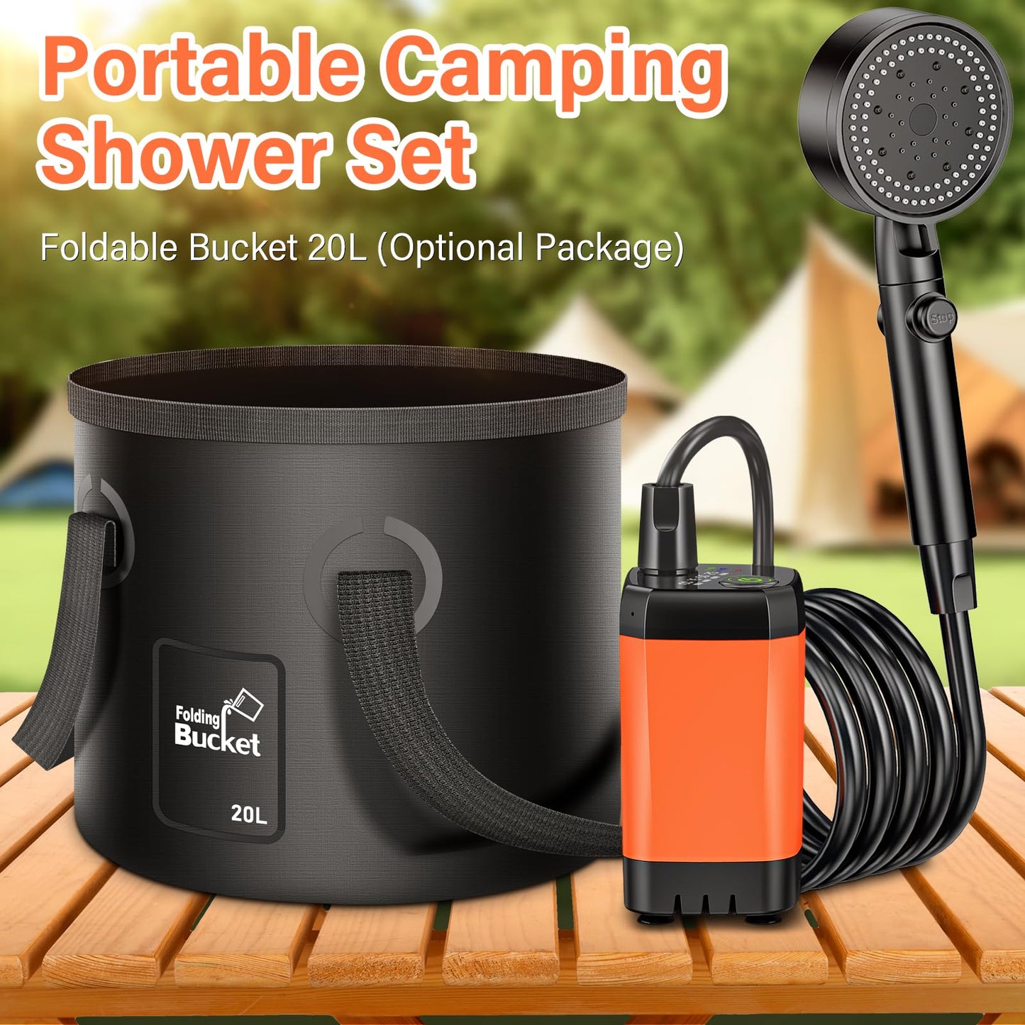 Rsaoty Camping Shower with Pump, 3000mAh Camping Shower Battery, Mobile Showers Outdoor Showers with 20L Foldable Bucket, Shower Head and 2M Hose, for Garden, Beach, Pet, Car Washing, Travel.