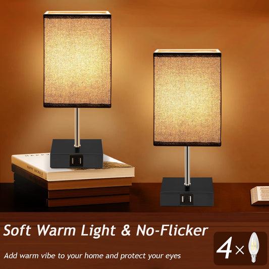 kioooki nightstand lamp Touch Dimmable with 2 USB ports, 2 pack bedside lamps with warm white 3 adjustable brightness levels, modern table lamp for living room bedroom, 4 E14 light bulbs