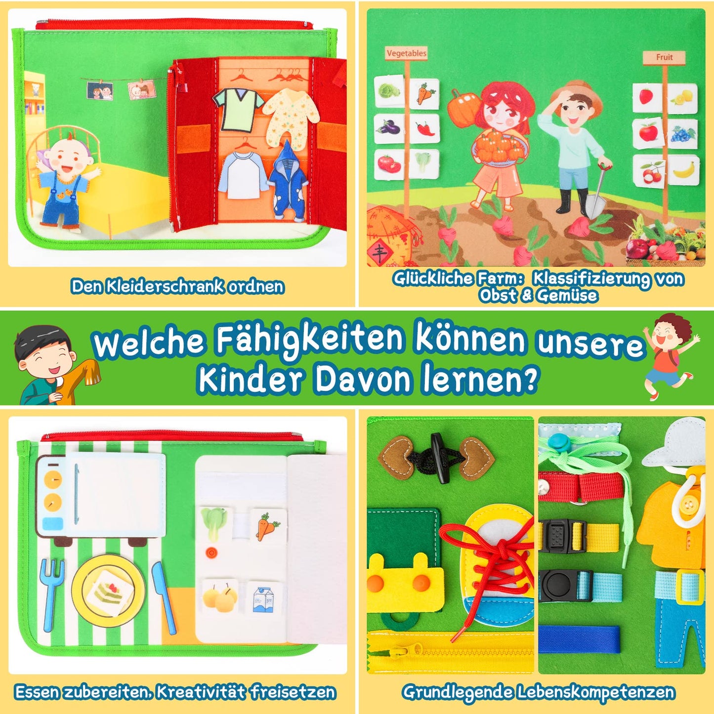 ACDAY Busy Board for 1 2 3 years, Montessori toy for toddlers. Activity Board Baby Quiet Book Autism Educational Travel Toy Preschool Learning Sensory Board for Fine Motor Skills (Green)