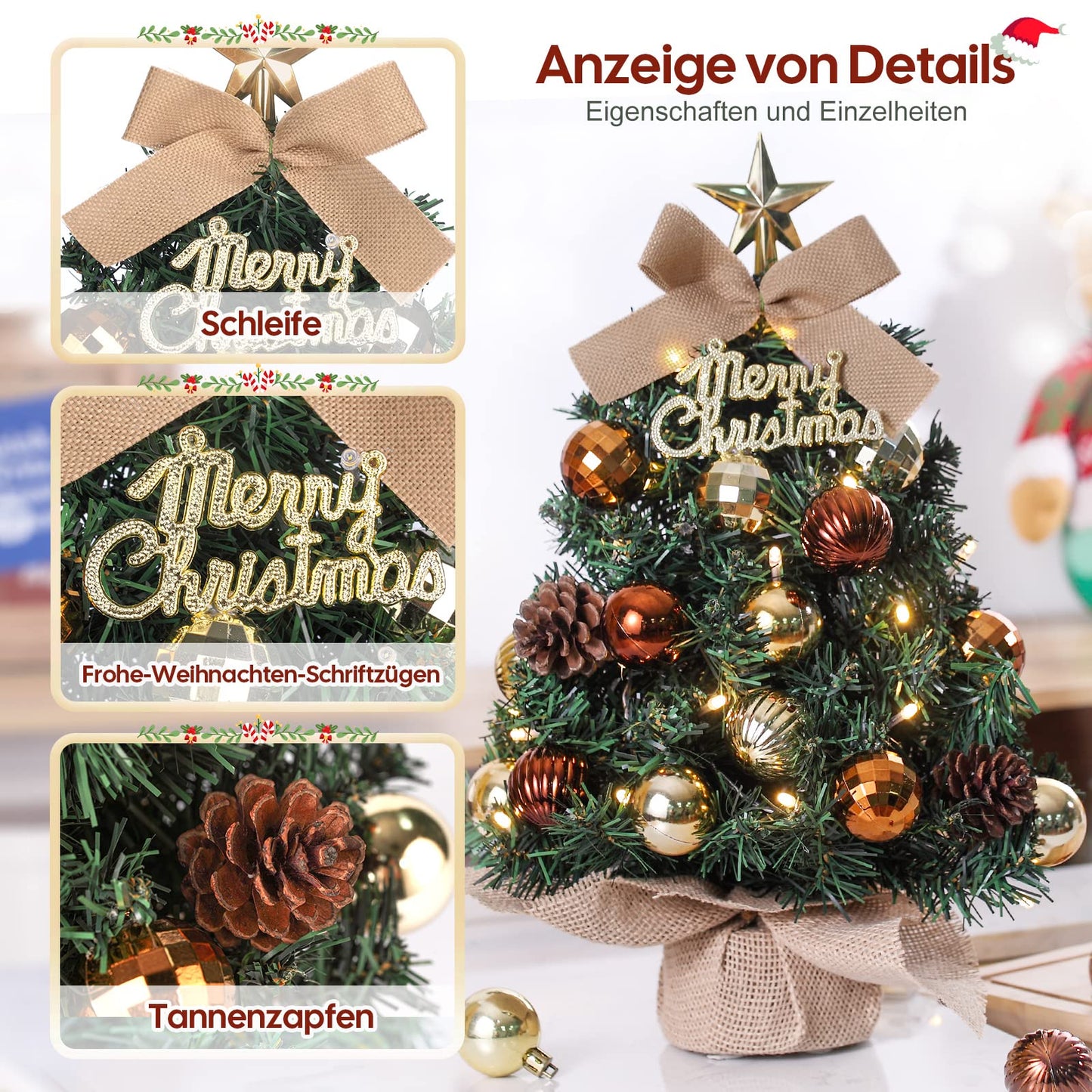 Mini Christmas Tree Small Christmas tree with LED lighting table Christmas tree small artificial decorated for Christmas decoration 40cm (Brown with Gold)