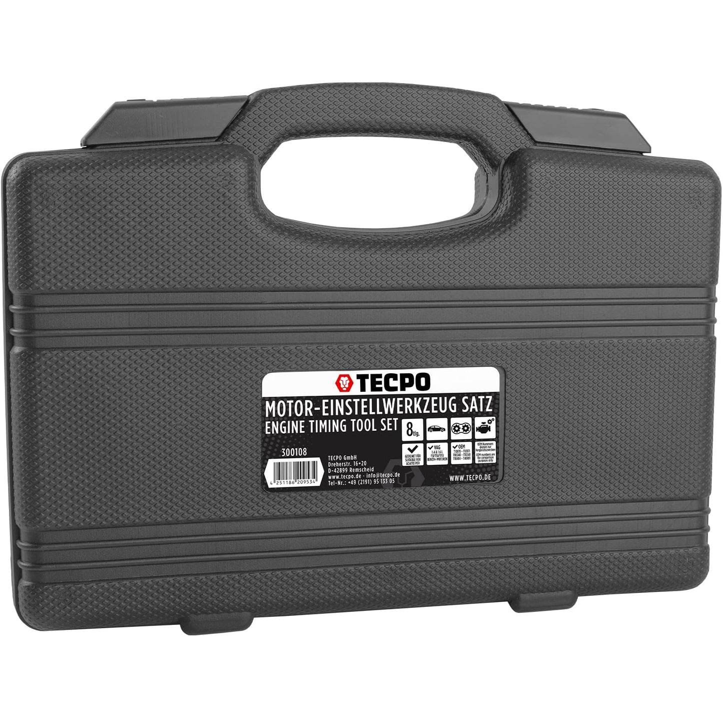 TECPO Engine Timing Tool Set VAG 1.2 1.4 1.6 FSI TSI TFSI suitable for Audi, VW, Seat, Skoda. Includes camshaft/crankshaft locking tools, dial gauge, OEM T10171 T10340 T10414. Ideal for timing chain replacement.