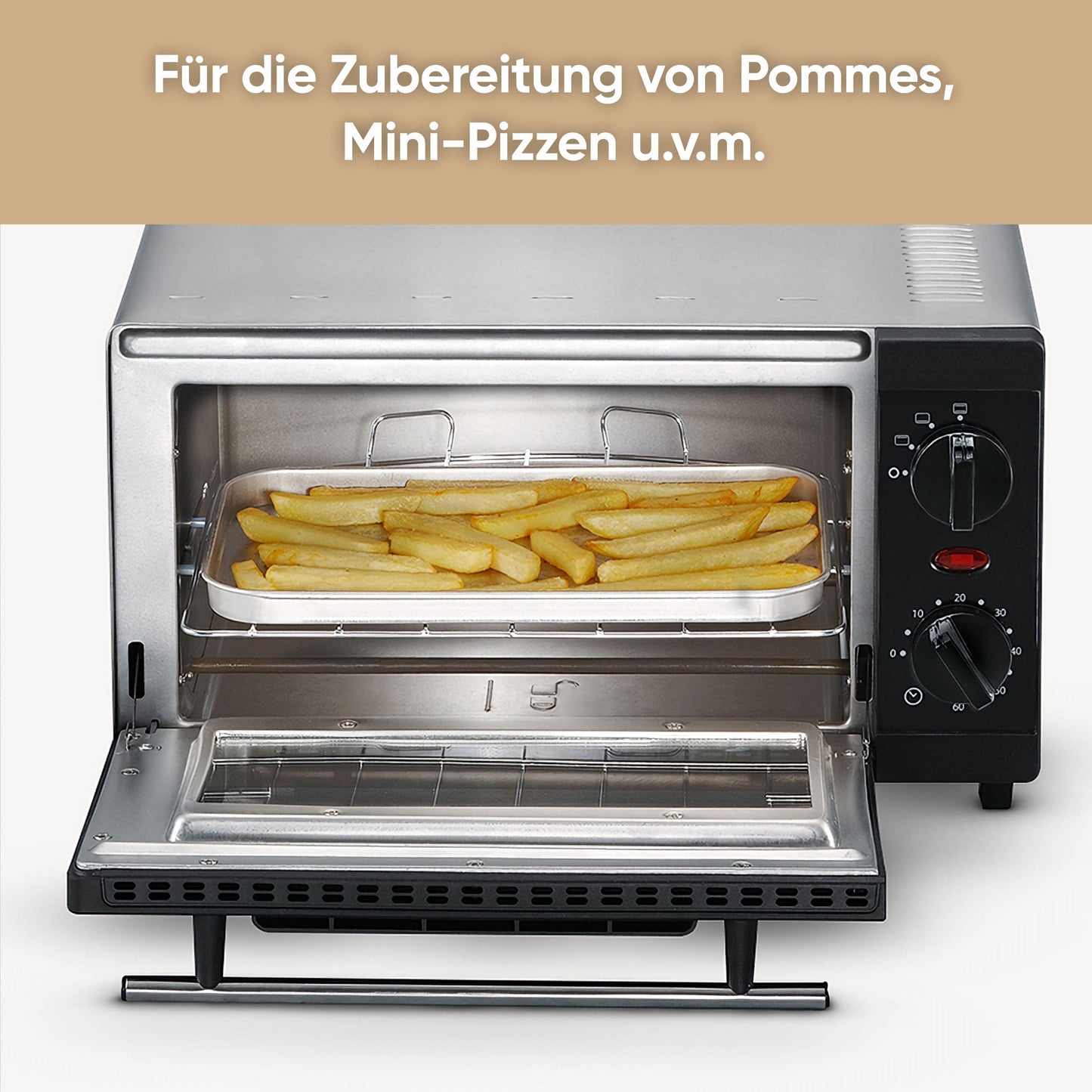 SEVERIN Mini Baking and Toast Oven, compact oven with grill rack and baking tray, with upper and lower heat, 800W, 9 L, silver/black, TO 2052