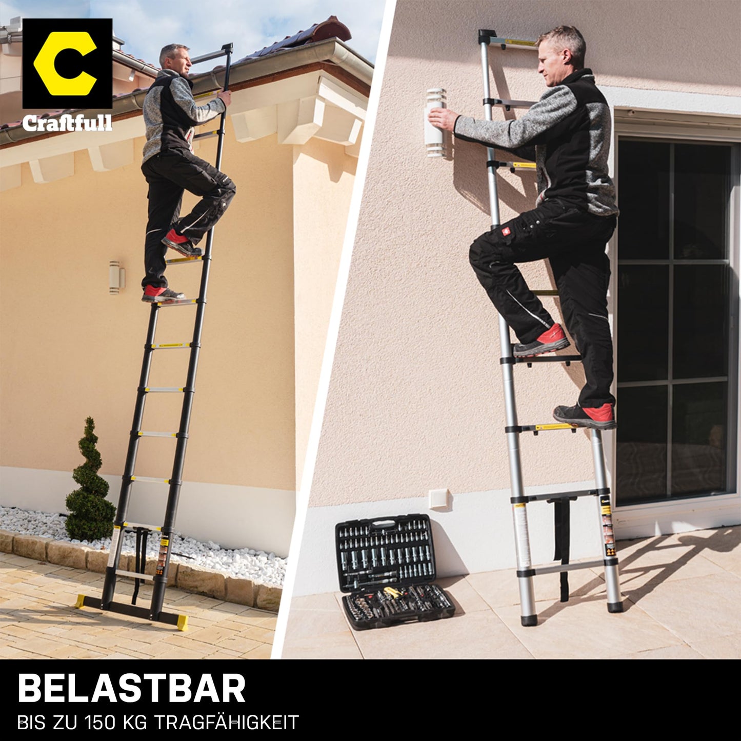 Craftfull Aluminum Telescoping Ladder CF-101A | 3-steps Height Adjustment - Step Ladder - Extendable Ladder - Step Stool - Extension Ladder - Aluminum Straight Ladder with Carrying Bag (10.5 feet)