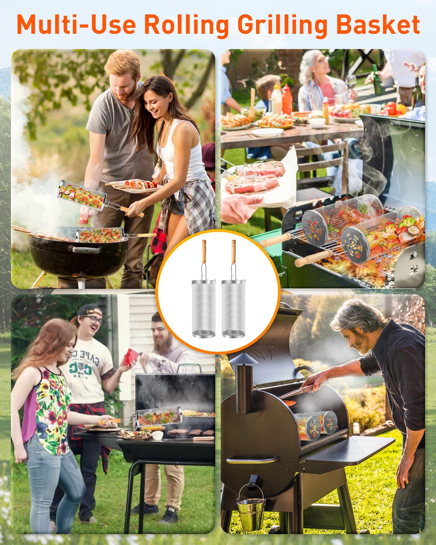OWZ Rolling Grill Basket Set - 2 pieces of stainless steel grill basket with wooden handle - Rolling Grilling Basket - for outdoor camping grill, grilled vegetables, meat skewers, seafood, etc. (31.8 * 9.5CM)