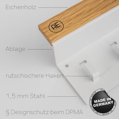 AE Günther® Key Rack Wood - White Steel Key Holder - Oak Key Board - Key Organizer with Tray - Keyring - Key Box - Wall Organizer - Key Rack (White)