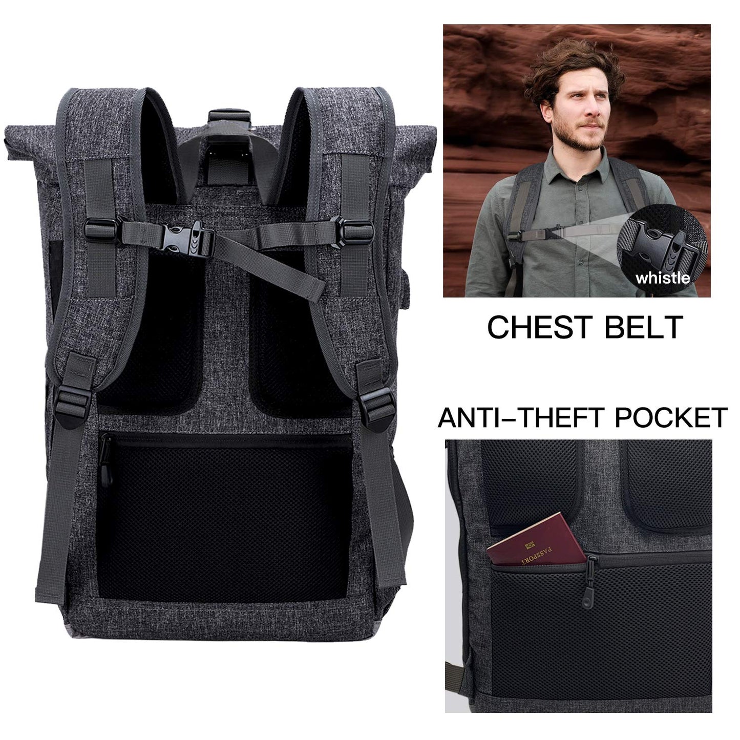EverVanz Laptop Backpack, Men & Women Roll Top Waterproof Hiking Backpack, Lightweight Casual Backpack, Stylish School Bag with USB Charging Port, L, Gray