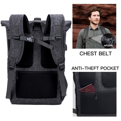EverVanz Laptop Backpack, Men & Women Roll Top Waterproof Hiking Backpack, Lightweight Casual Backpack, Stylish School Bag with USB Charging Port, L, Gray