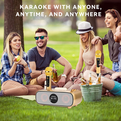 Karaoke Machine, Bluetooth karaoke system for adults and children, portable PA system with 2 microphones, speaker with phone holder/USB/TF-card/AUX-In, for home parties, picnics, outdoor/indoor (Gold)
