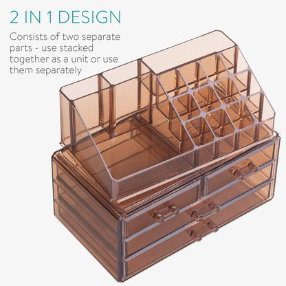 Navaris Makeup Storage Organizer - Cosmetic Storage Box made of transparent acrylic - Holder with drawers and compartments - 2in1 design - Brown