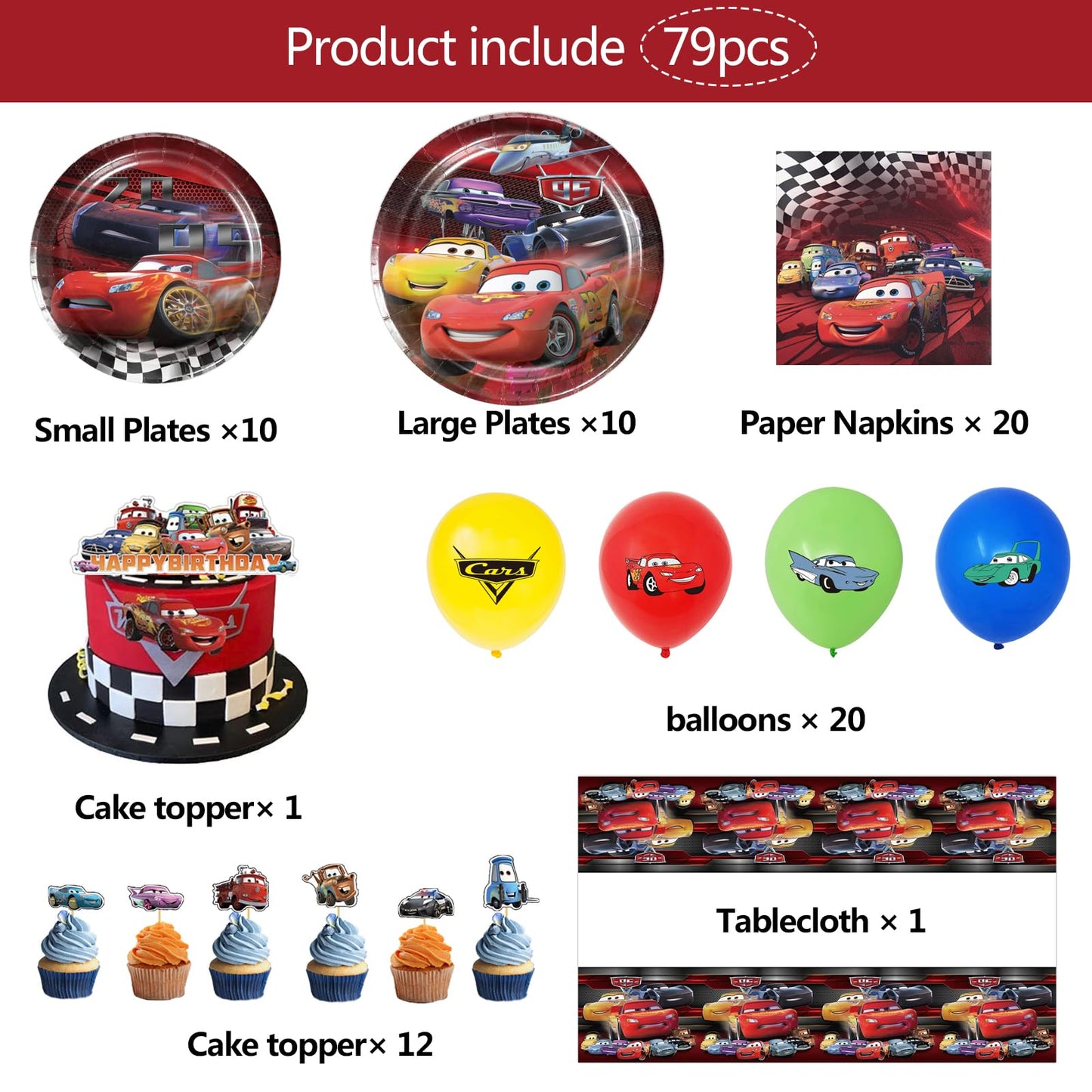 79-piece birthday decorations, kids birthday decor, boys girls birthday decorations, party supplies set with plates, banner, napkins, balloons, cake topper, foil balloons.