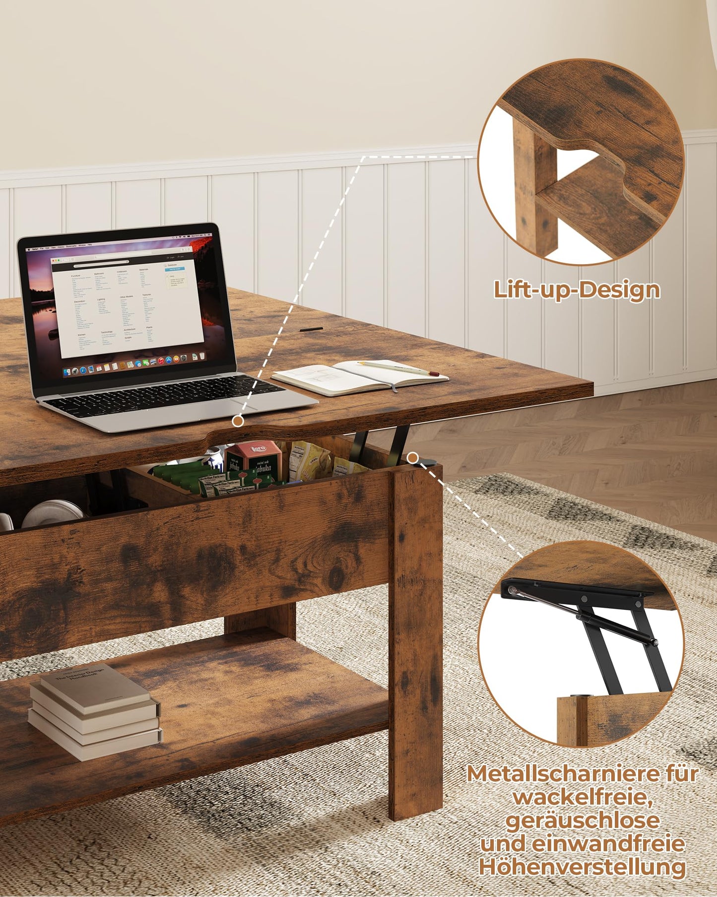 Height-adjustable coffee table, 3-in-1 multifunctional living room table with hidden storage, open shelf, and can be used as a dining table. Perfect for living room, office, in brown color.