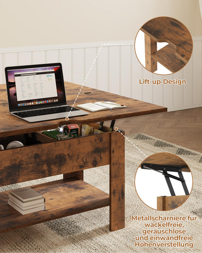 Height-adjustable coffee table, 3-in-1 multifunctional living room table with hidden storage, open shelf, and can be used as a dining table. Perfect for living room, office, in brown color.
